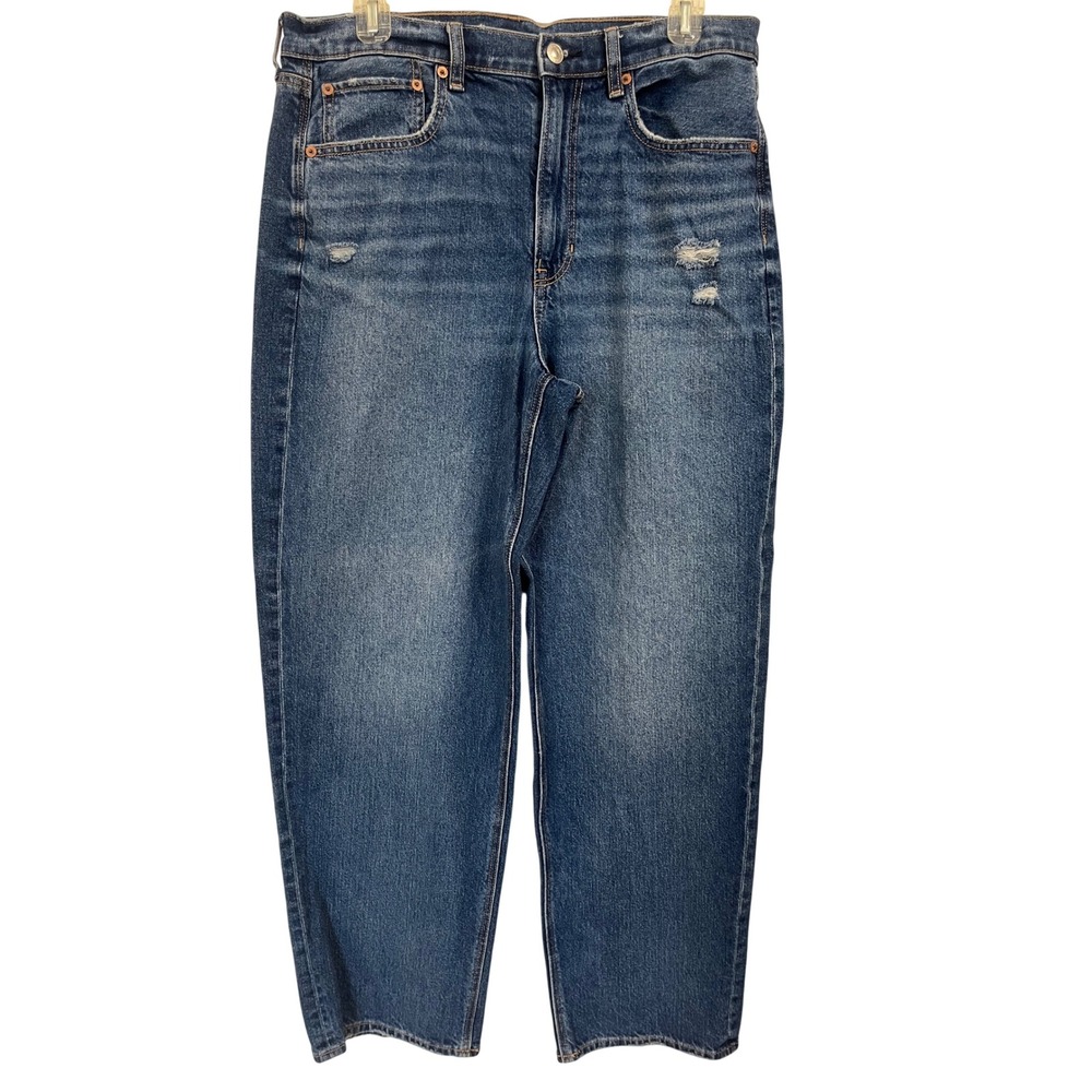 American Eagle Super High Rise Baggy Straight Strigid Distressed Jeans Blue‎ 12R